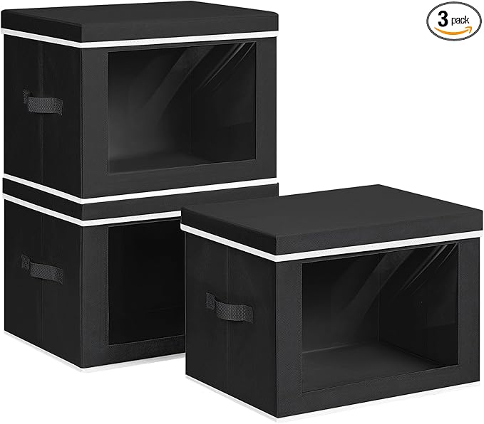 Homsorout Collapsible Storage Bins with Lids - Stackable Storage Containers with Window, 15.7 Inch Fabric Organizing Bins for Closet, Home & Office Organization Baskets, Black, 3 Pack