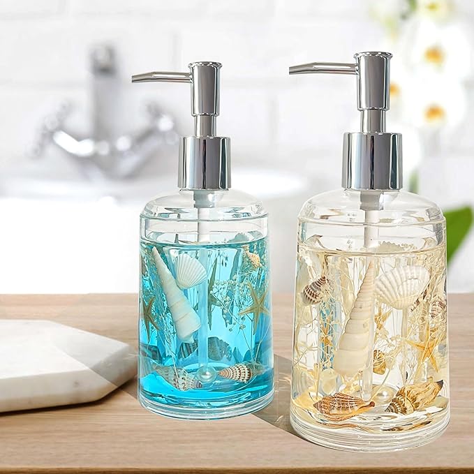 FONMY Soap Dispenser with Pump Acrylic w/Nature Seashell Handmade Bathroom Hand Soap Dispenser, Kitchen Refillable Liquid Dispenser for Soap,Dish Soap, Lotion (Milkly White)