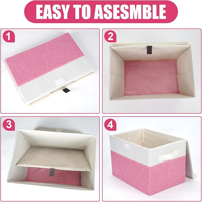 Bagnizer Large 22 Quart Linen Fabric Foldable Storage Bin Cube Organizer Basket with Flip-Top Lid & Handles, Clothes Blanket Box for Home, Office, Closet, Pink & White, 4 Pack 14.6 x 9.5 x 9.5