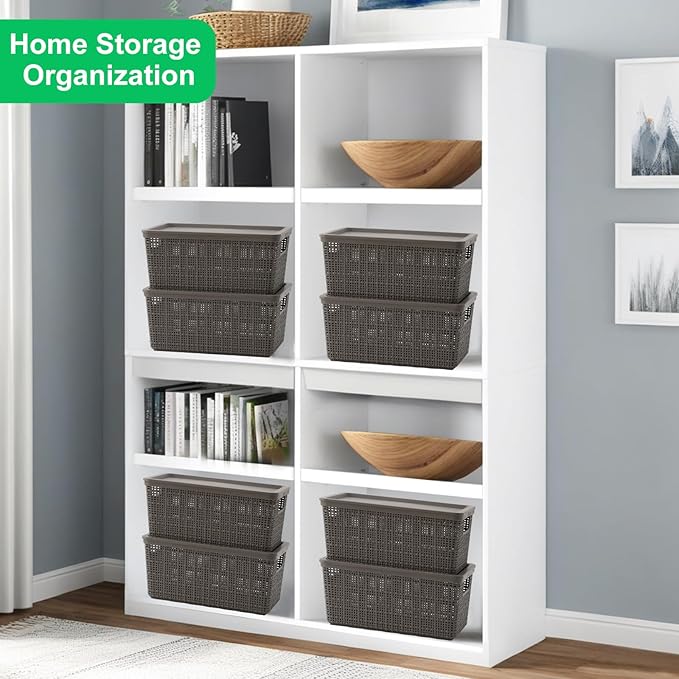 6 Pack Plastic Storage Baskets With Lids, Grey Breathable Stackable Storage Bins