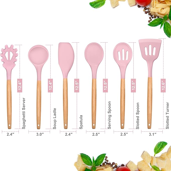 E-far Cooking Utensils Set of 6, Silicone Kitchen Utensils with Wooden Handle, Non-stick Cookware Friendly & Heat Resistant, Includes Spatula/Ladle/Slotted Turner/Serving Spoon/Spaghetti Server(Pink)
