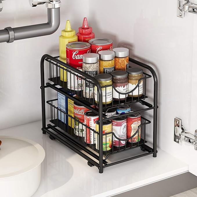 AIYAKA Pull-out Cabinet Organizer, Stackable 2-tier Under Sink Rack, with Sliding Storage Drawer for Pantry, and Desktop, for Bathroom, Kitchen, Office, Black