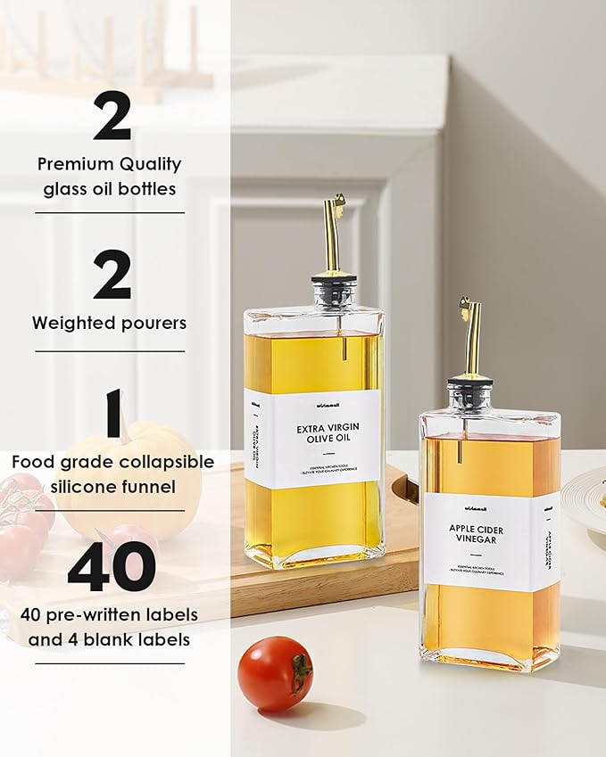 Olive Oil Dispenser For Kitchen, Glass Oil Bottle 500ML Oil And Vinegar Dispenser Set Of 2, Cooking Oil Dispenser With 2 Stainless Steel Pourers & 44 Labels, Soy Sauce Dispenser, Coffee Syrup Bottles