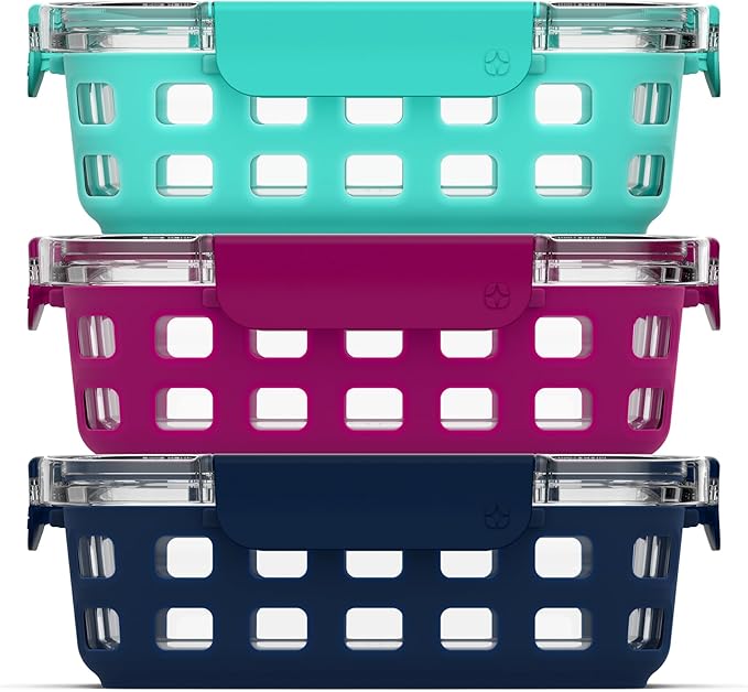 Ello Duraglass 3.4 Cup Meal Prep Sets 6Pc, 3 Pack Set- Glass Food Storage Container with Silicone Sleeve and Airtight BPA-Free Plastic Lids