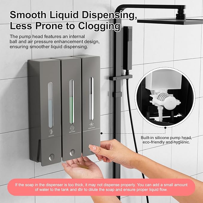 Shampoo and Conditioner Dispenser - Wall-Mounted 3-Chamber Shower Soap Dispenser, No-Drill, 1200ML Capacity, for Bathroom & Hotel