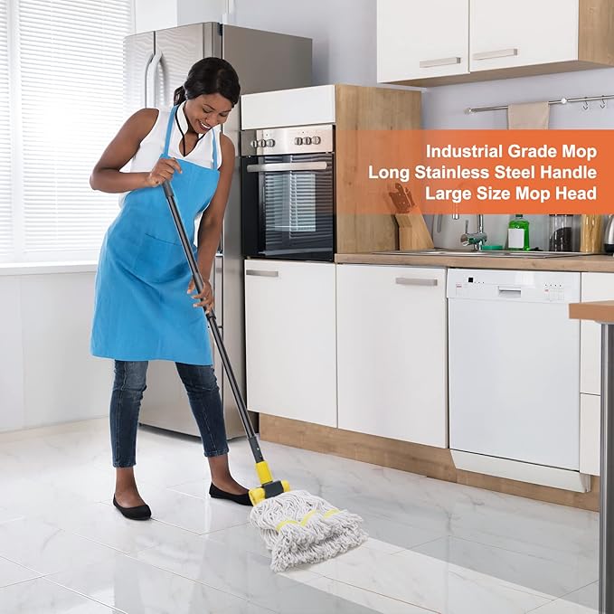 KeFanta Commercial Mop Heavy Duty Industrial Mop with Long Handle,60" Looped-End String Wet Cotton Mops for Floor Cleaning,Home,Kitchen,Office,Garage and Concrete/Tile Floor