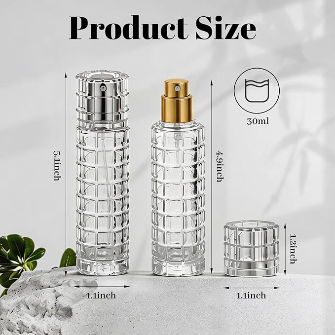 30ml Glass Spray Bottles 4Pcs, 5.1"x1.1"x1.1" Refillable olive oil Atomiser Perfume Atomizer for Home Bar, Kitchen, Travel & DIY (Gold & Silver Nozzles)