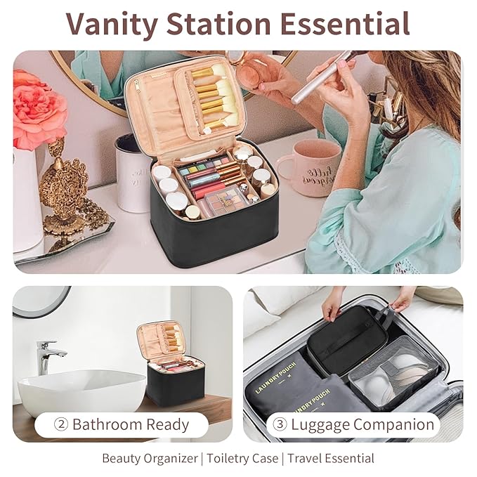 OCHEAL Travel Makeup Bag, Cosmetic Bags for Women Makeup Case Organizer Large Capacity Travel Toiletry Bag Storage Bags with Divider and Handle for Cosmetics Toiletries Brushes Tools-Large, Black
