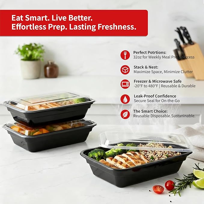 60 Pack 32 oz Meal Prep Containers Reusable, Plastic Food Storage Container with Lids,Leakproof To Go Lunch Boxes, BPA-Free,Freezer, Microwave