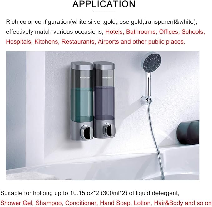 Soap Dispenser Shampoo Shower Dispenser Wall Mount 300mlx2 for Bathroom Hotel (Silver Grey)