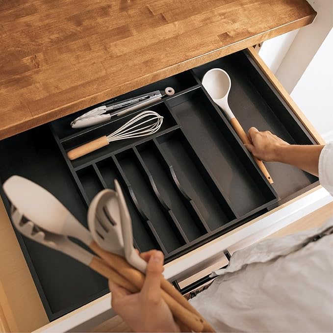 KitchenEdge Premium Silverware, Flatware and Utensil Organizer for Kitchen Drawers, Food-Safe Contract Grade, Expandable from 16 to 28 In, Black Bamboo