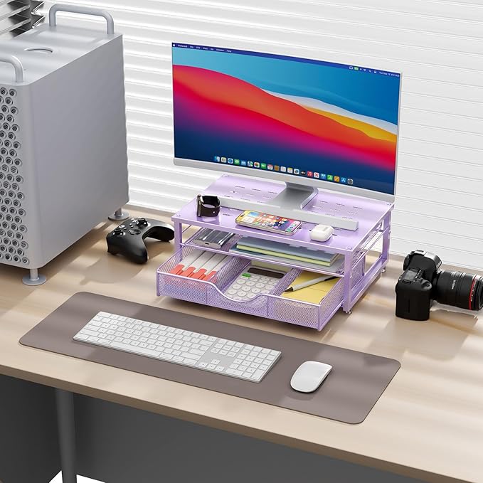 Computer Monitor Stand Riser, Office organizer with Drawer, Purple
