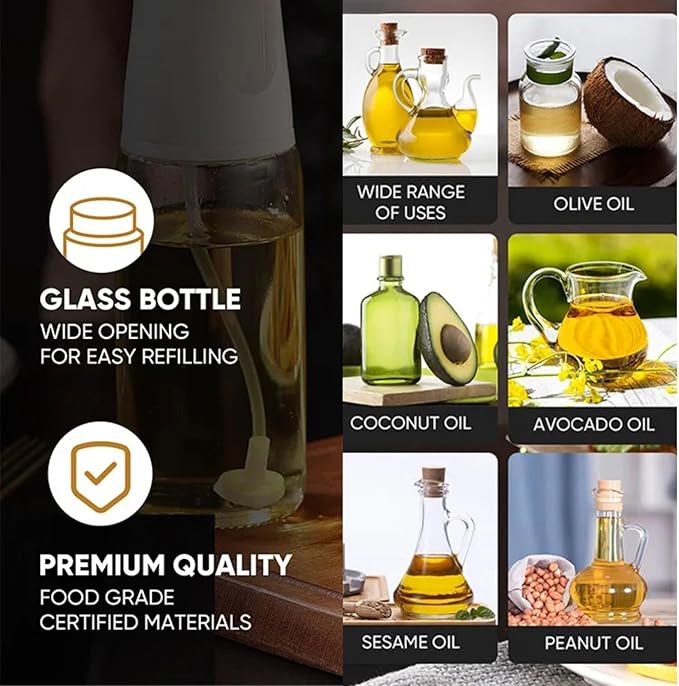 250ml Glass Olive Oil Sprayer for Cooking – Fine Mist Refillable Oil Dispenser Bottle for Air Fryer, Baking, Grilling & Salad – Premium Food-Grade Kitchen Gadget for Healthy Cooking