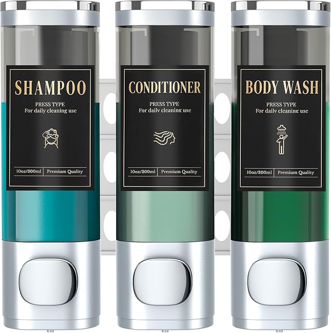 Luxspire Shampoo and Conditioner Dispenser, No Drill Wall Mounted Shower Soap Dispenser 3 Chamber with Waterproof Labels, Easy Refill Soap Dispenser for Bathroom Hotel Kitchen, Silver