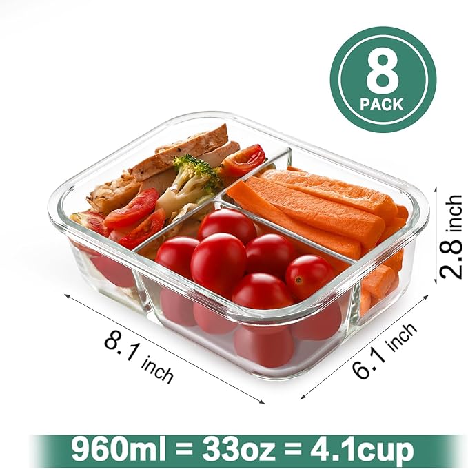 HOMBERKING 8 Pack Glass Meal Prep Containers 3 Compartment, 36oz Glass Food Storage Containers with Lids, Airtight Glass Lunch Bento Boxes
