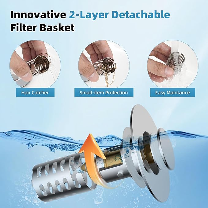 Universal Metal Bathroom Sink Drain Strainer Hair Catcher Upgraded 3 in 1 Pop-up Sink Stopper, with Detachable Stainless Steel Filter Basket