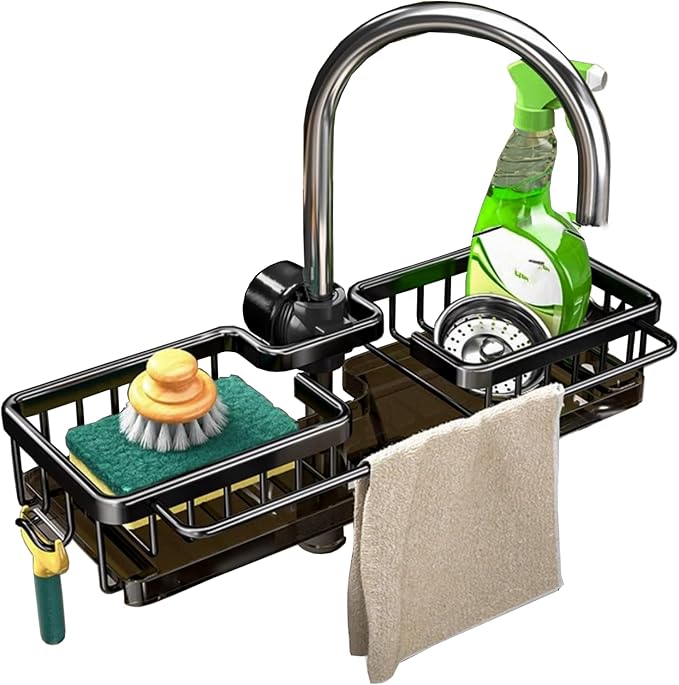 Sink Organizer Rack for Kitchen and Bathroom,Stainless Steel Detachable Hanging Faucet Drain Rack with Drip Tray Faucet Sponge Holder for Bathroom (Black, L&R as One)