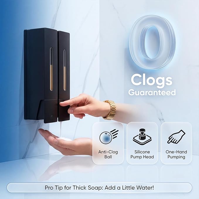 2-Pack Shampoo & Conditioner Dispenser, Wall-Mounted Shower Soap Dispenser, 800 ML (2×400 ML) Capacity, No-Drill Adhesive or Screws, Refillable Clear-Window Bottles for Bathroom & Hotel