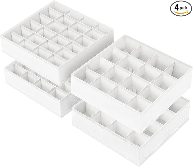 Joyoldelf Drawer Organizer 4 Pack - 2 x 24 Cell + 2 x 16 Cell Closet Organizers and Storage Dividers for Socks, Handkerchiefs, Ties, Belts (White)
