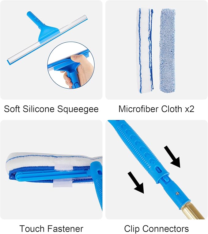 2 in 1 Window Squeegee Cleaning Kit with Aluminum Alloy Extension Poles, Scrubber, Glass Scrapper, Bendable Duster,2 Scrubber Cloth for Window, Car