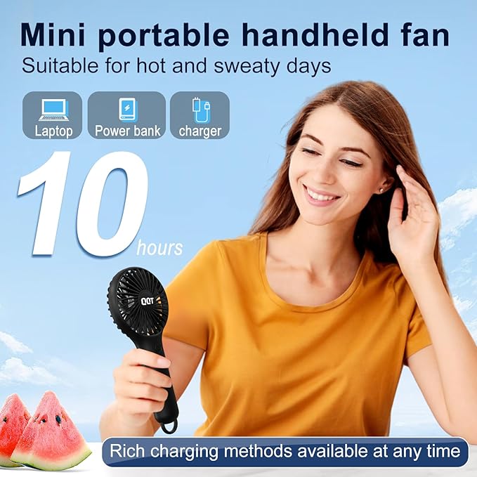 QQT Mini Handheld Fan, Small Personal Cooler with 3 Speeds, Portable Battery Operated, USB Rechargeable Makeup Eyelash Dryer, Strong Airflow for Travel, Office, Outdoor, Women, Men, and Kids(Black)