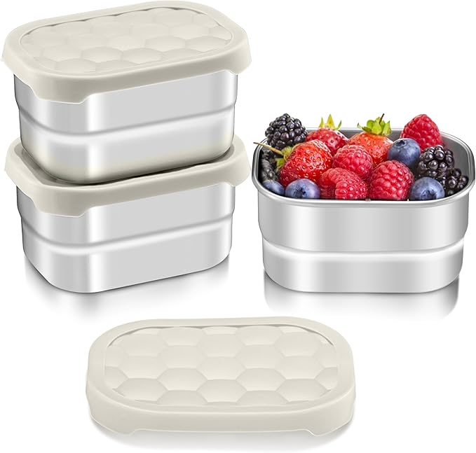 HaWare Stainless Steel Snack Containers for Toddlers and Kids, 8 oz Leak Proof Food Storage Containers with Khaki Silicone Lids, Stackable Small Metal Lunch Box for Daycare and School- 3 Packs