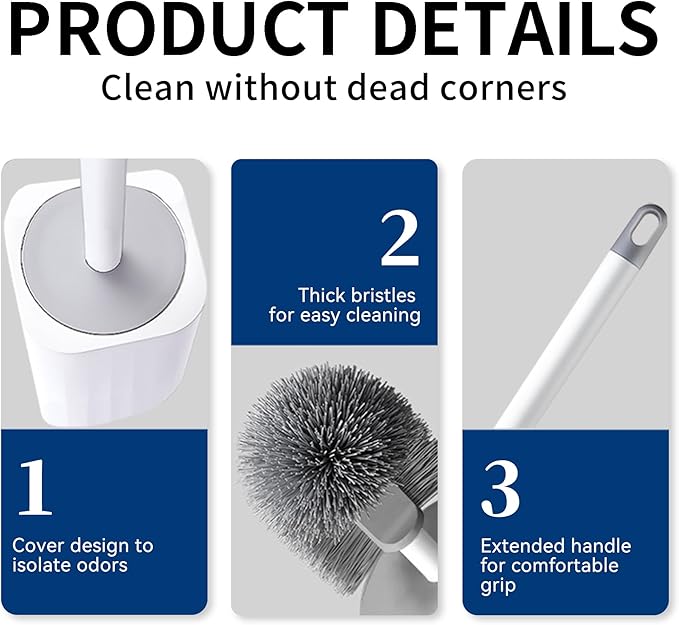 Toilet Brush & Holder Set, Lightweight Plastic Handle, Space Saving for Storage, Deep Cleaning, Drip-Proof, Easy to Assemble, Nylon Bristles, White & Grey