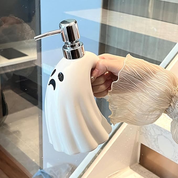 Cute Ceramic Ghost Soap Dispenser - 1pc Ghost Shape Lotion Bottle, Refillable Hand Liquid Soap Dispenser with Pump for Bathroom Decor, Dish Soap Bottle for Kitchen Countertop 400ml/13.5oz
