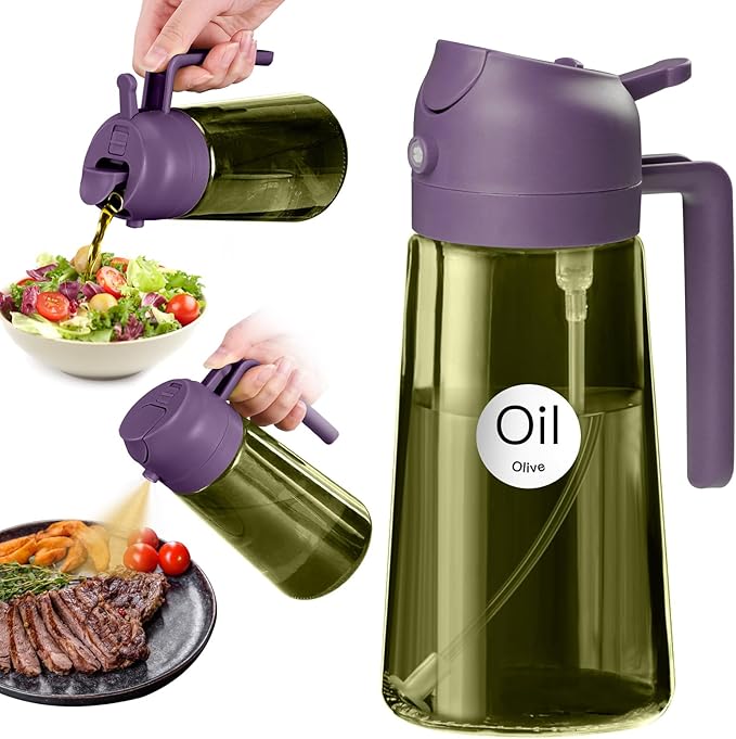 YARRAMATE 16oz/470ml Dark Green Oil Sprayer for Cooking with Stickers, Food-grade Premium 2 in 1 Olive Oil Dispenser Bottle for Kitchen Gadgets, Air Fryer, Salad, Frying, BBQ (Purple)