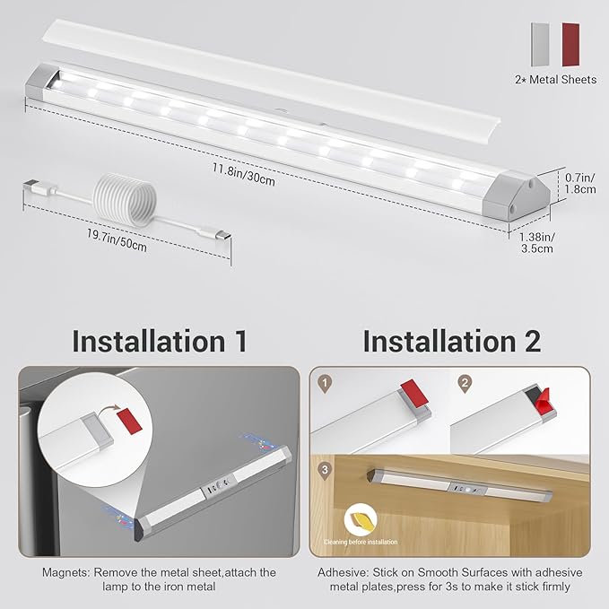 WOBANE Rechargeable Motion Sensor Closet Light，3 Color Dimmable LED Bar with Eye Comfort Design，Magnetic Mount Wireless Battery Operated LED Lighting for Wardrobe，Stairs，Pantry，Hallway, 12inch, 2PCS