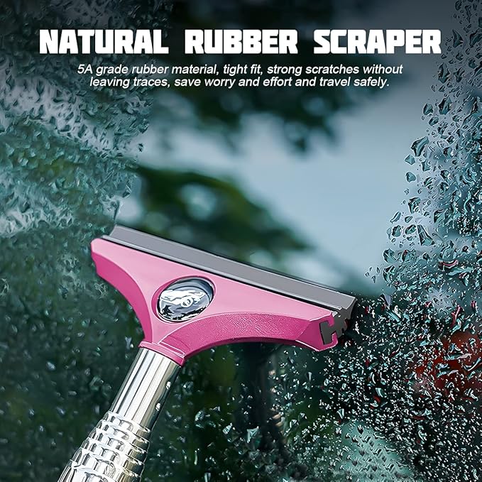 8sanlione Car Rearview Mirror Wiper, American Flag Telescopic Auto Mirror Squeegee Cleaner, Glass Mist Cleaning Tool with Retractable 98cm Handle, Portable Car Windows Water Removal (Pink/Car Logo)
