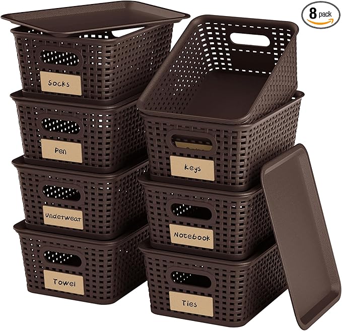 8-Pack Brown Plastic Storage Baskets with Lids, Label Organizers