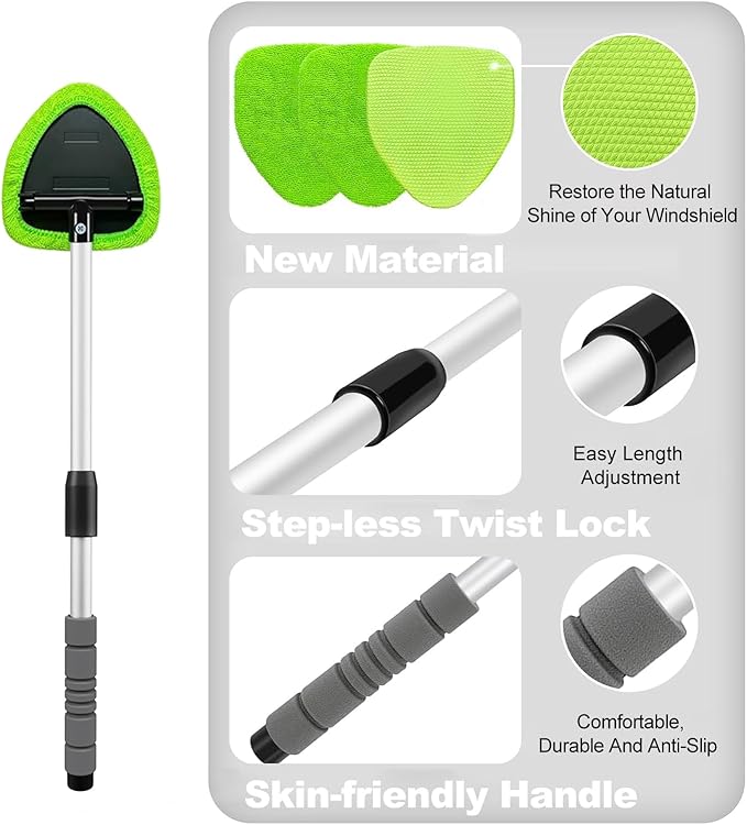 XINDELL 24-inch Windshield Cleaner Tool – Upgrade Large Head Car Interior&Exterior Window Cleaning Kit with Extendable Handle & 4 Microfiber Pads