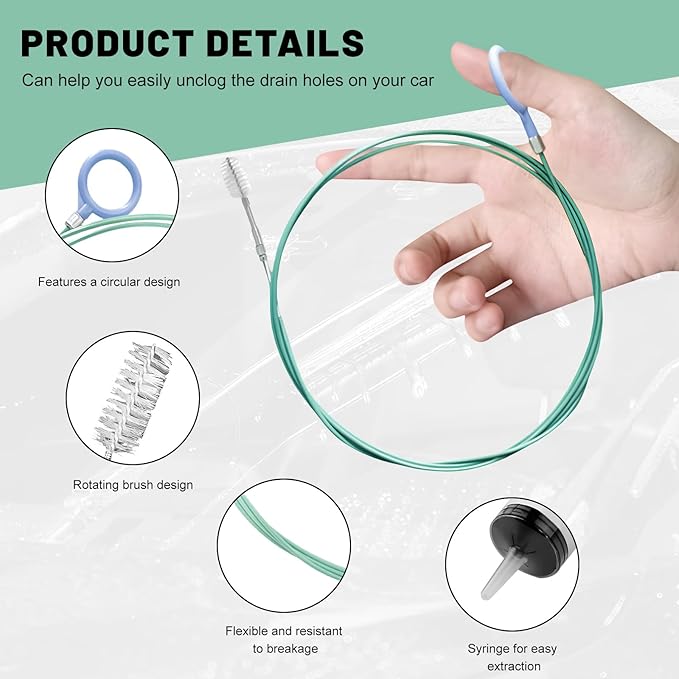 3 PCS Auto Sunroof Drain Cleaning Tool, 118 inches Flexible Auto Wire Cleaning Brush with Syringe Hose