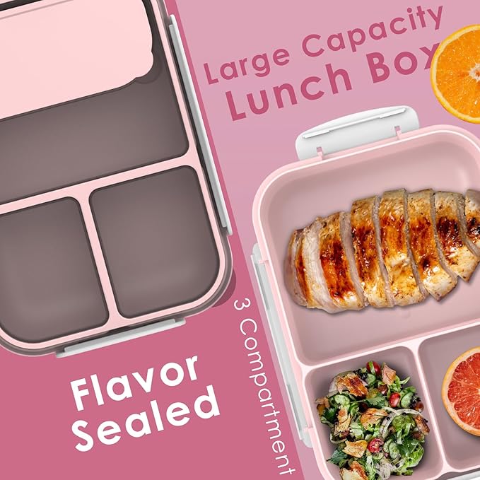 WHALEHOUSE Large Capacity Bento Box for Adult, 1700ML 3 Compartments Lunch Box with Utensil, Airtight Food Container with Lids for Meal Prep, Microwave/Dishwasher/Freezer Safe, On the Go (Pink)
