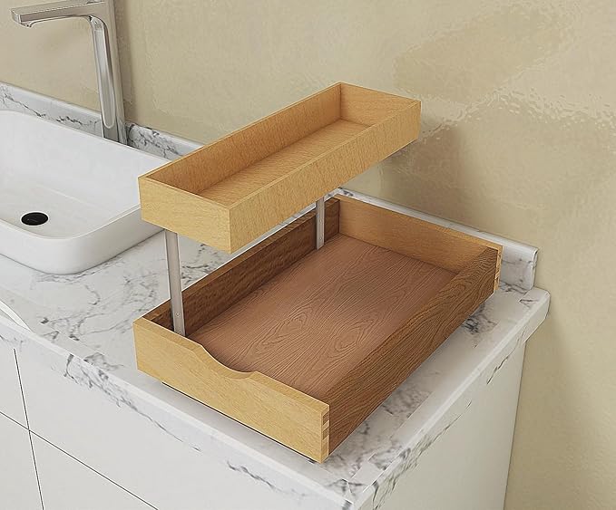 2 Tier Pull Out Organizer Shelf Sliding Drawer Storage for Kitchen Bathroom Storage Cabinet Under Sink Slide Out Shelf Organizing Storage Pull-Out Cabinet Organizer Roll Out Drawer (12'' Width)