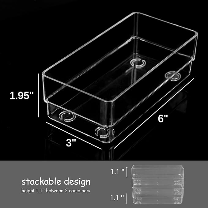 Clear Drawer Organizers, 6'' x 3'' x 2'', Set of 3