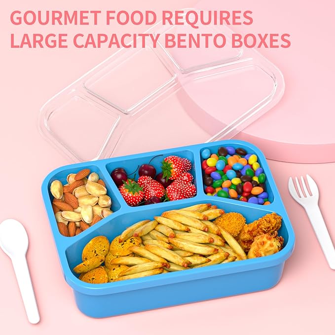 Bento Adult Lunch Box (4 pack), 4-Compartment Meal Prep Container with Transparent Cover, Reusable Lunch Containers for Kids, No BPA, Microwave/Dishwasher Safe (PP(Red/Green/Blue/Purple))