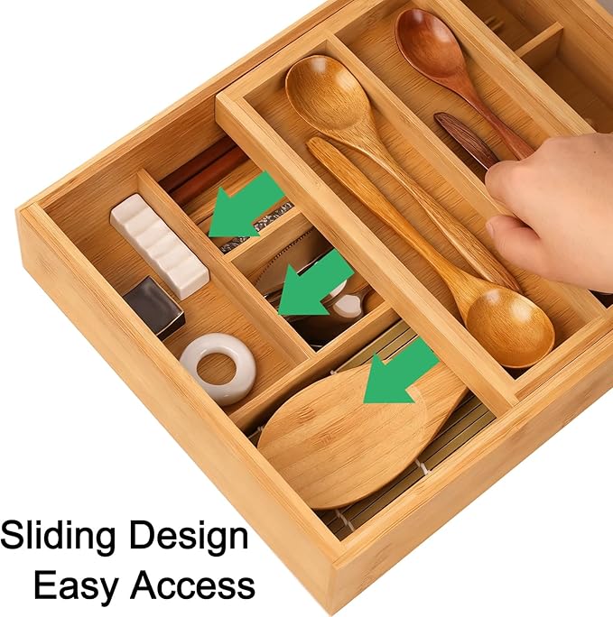 2-Tier Drawer Organizer with Removable Cutlery Tray Kitchen Utensil Silverware Drawer Organizer, Silverware Tray for Drawer Utensil Holder Bamboo Flatware Box for Utensils Stationery Cosmetics (M)