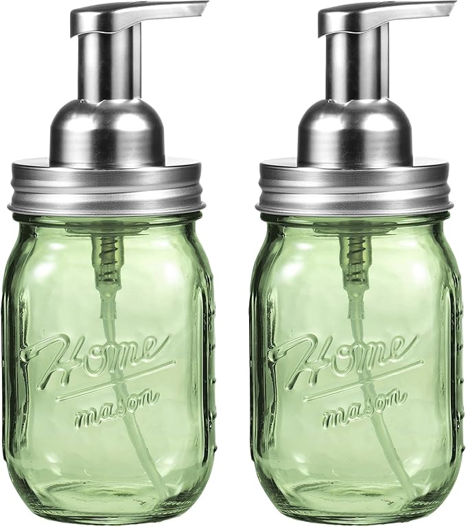 Amolliar Green Glass Mason Jar Foaming Soap Dispenser, 16OZ Hand Soap Dispenser, Plastic Pump & Stainless Steel Lid & Lable, Kitchen Dish Soap Bathroom Accessories Set, Soap Pump Bottle, Silver 2 Pack
