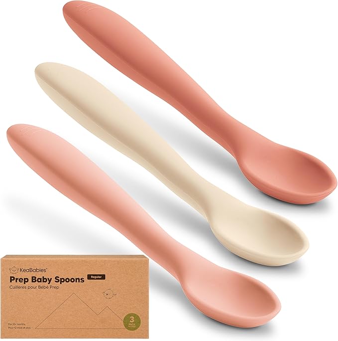 KeaBabies Silicone Baby Spoons, Self Feeding 6-12 months - 3-Pack Baby Weaning Eating Utensils, Toddler First Food Training Spoon, Infant, Kids Feeding Supplies Essential Set,Dishwasher-safe (Roseate)