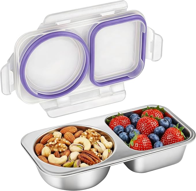 Stainless Steel Snack Containers with Lid, Reusable 2 Compartment Snack Box Leak-Proof Food Storage Container, 13 Oz BPA-Free Metal Bento Lunch Box for Home, Travel, Picnic (1 Pack, Purple)