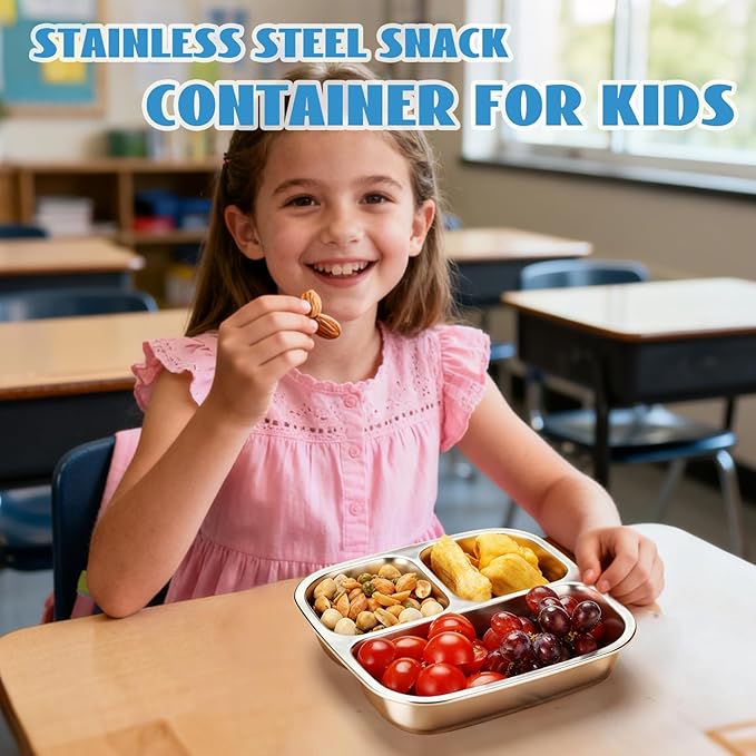 2 Pack Stainless Steel Snack Containers, 3 Compartments Reusable on the go Bento Box with Lids for Kids, Lunch Box Pre Meal Storage for School Office Outdoor Camping Travel - White & Blue