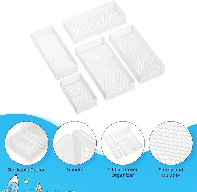 5 Pack Desk Drawer Organizer Set, White