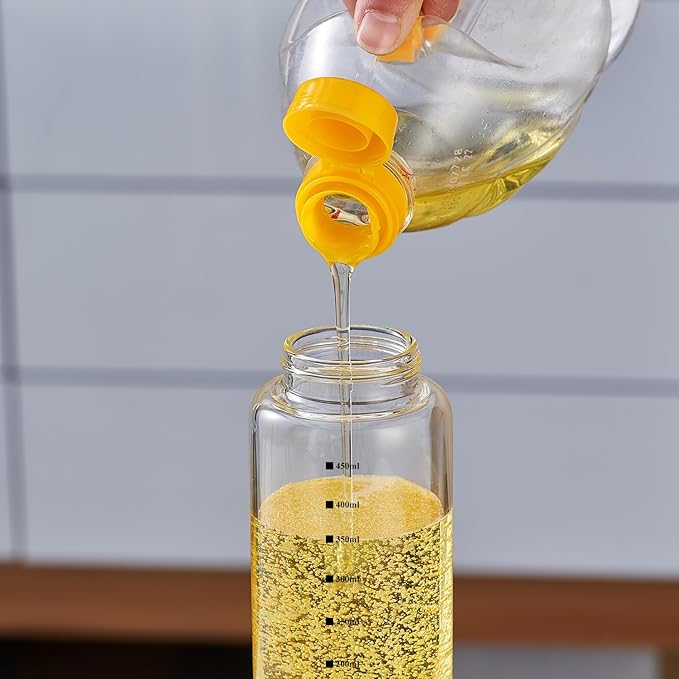 Verdental 15 oz Glass Olive Oil Dispenser Bottle with Stainless Steel Pourer Spout for Cooking Oil, Syrups, Vinegar, Sauces, Wines with Non-slip Silicone Ring and Labels (450 ML)