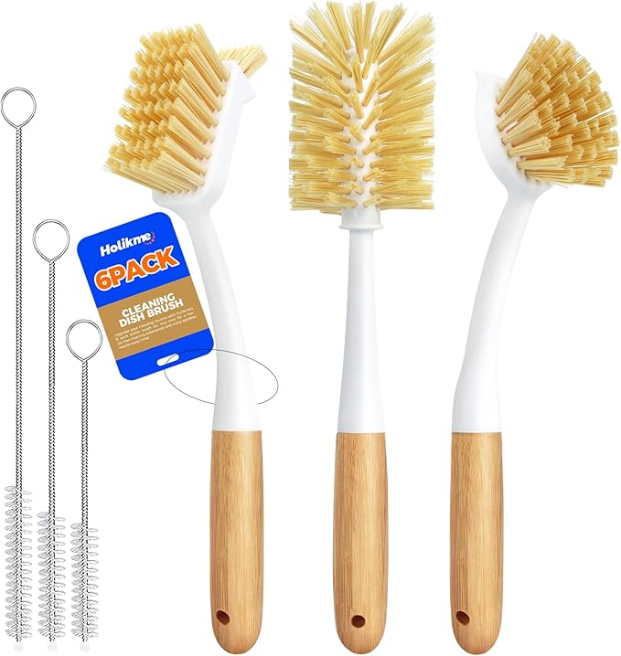 Holikme 6 Pack Dish Brush Set with Bottle Brush, Dish Scrub Brush, Pan Brush and 3 Straw Brushes, Deep Cleaning Handle Brush with Scraper Tip for Kitchen Sink Dishes Bottle Cup Pot and Pans (Yellow)