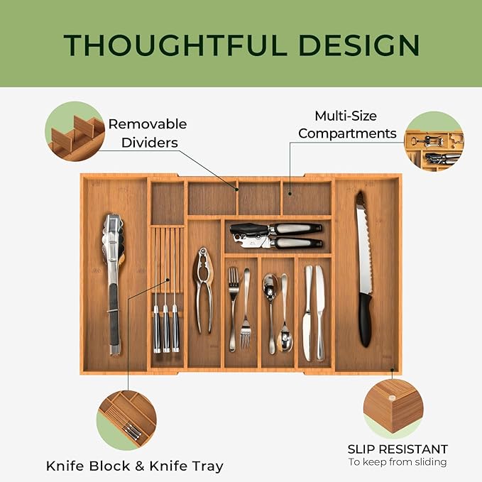 Carbonized Large Bamboo Kitchen Drawer Organizer