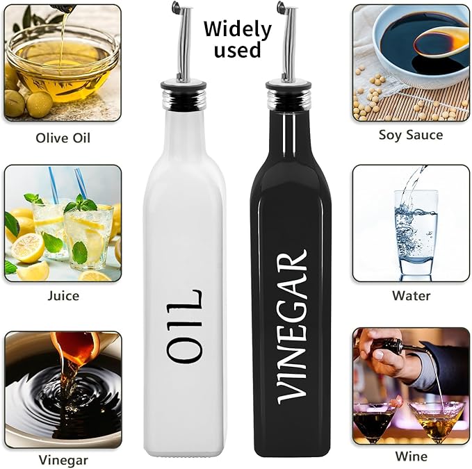 White & Black Olive Oil Dispenser Bottle,2 Pcs 17oz 500ml Glass Oil and Vinegar Dispenser Set with 2 Stainless Steel Pourers, 8 Labels,Funnel Oil Bottles for Kitchen