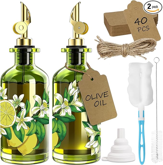 Olive Oil Dispenser Bottle for Kitchen, 12oz/350ml Extra Thick Glass Oil and Vinegar Cruet with Stainless Steel Pourer, Funnel & Cleaning Brush, Premium Oil Dispenser Set (Lemon)
