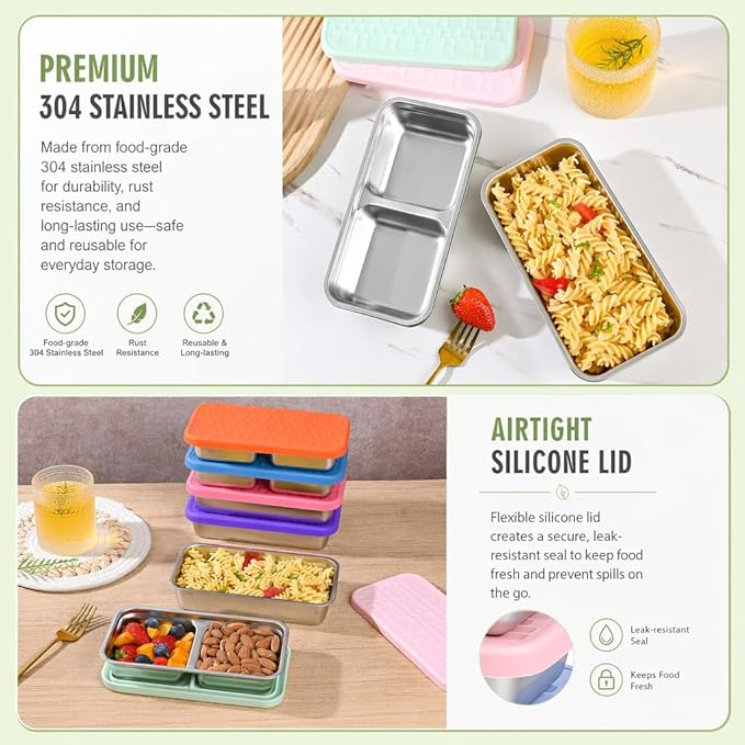 4 Pack Stainless Steel Snack Containers, Leak-Proof 2 Compartment Lunch Boxes with Silicone Lids, Reusable Metal Snack Box for Meal Prep, Travel, Outdoor & Daily Use (1 Compartment – B)